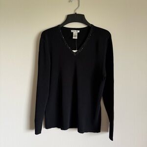 NWT Laura Ashley Black 3/4 Sleeve Beaded Neckline Trim Knit Top Blouse M